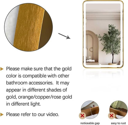 40"x24" Lighted Vanity Mirror with Lights, Gold Metal Frame Led Mirror for Bathroom, Anti-Fog Wall Mirror with Front and Backlit, Shatterproof, 3 Colors Stepless Dimmable, Horizontal/Vertical