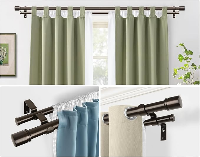 Double Curtain Rod 32 to 86 Inch, HOTOZON 1 Inch Heavy Duty Curtain Rods for Windows, Telescoping Double Drapery Rod with Simple Cap Finials, Bronze