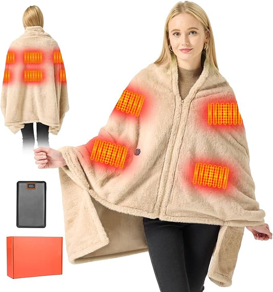 Graphene Heated Blanket Battery Operated, 20000mAh Battery 7.4V Fast Heating Blanket 70''x 35'' Portable Heated Shawl, Cordless Rechargeable Heated Shawl 3 Temperature Settings, Gift for Women (Khaki)