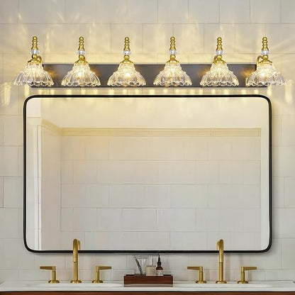 Vintage Bathroom Vanity Light, 6-Light Black Gold Vanity Lighting Fixture with Flower Glass Shade, Bathroom Lighting Fixtures Over Mirror