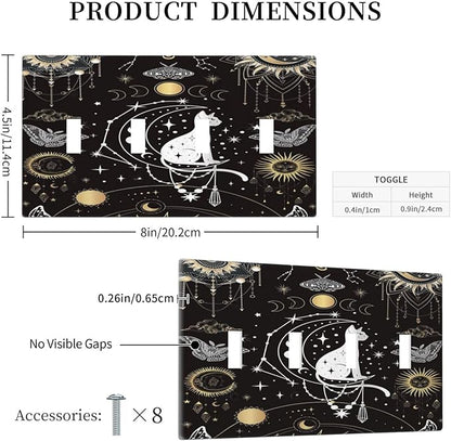 White Cat Tarot Moon Phases Moth Celestial Gothic Light Switch Covers Quad Toggle Electrical Faceplate 4 Gang Wall Plate Decorative Switch Plates Cover for Kids Room Bedroom Decor