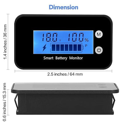 Waterproof Battery Monitor12v 24v 36v 48v 60v 72v ,Car Motorcycle Golf cart Battery Meter Digital Battery Capacity Remaining Capacity Percentage Tester with Buzzer Alarm and Temperature（Bule）