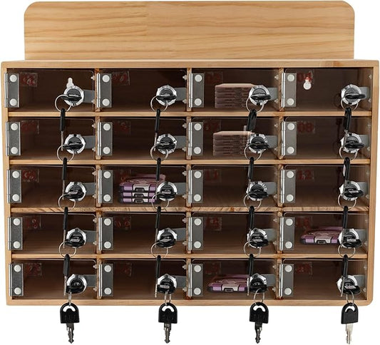 20 Slot Lockable Cell Phone Locker Box, Wall-Mounted/Freestanding Clear Acrylic & Wood Cell Phone Storage Cabinet with Door Locks and Keys for Classroom, Office, and School Employees