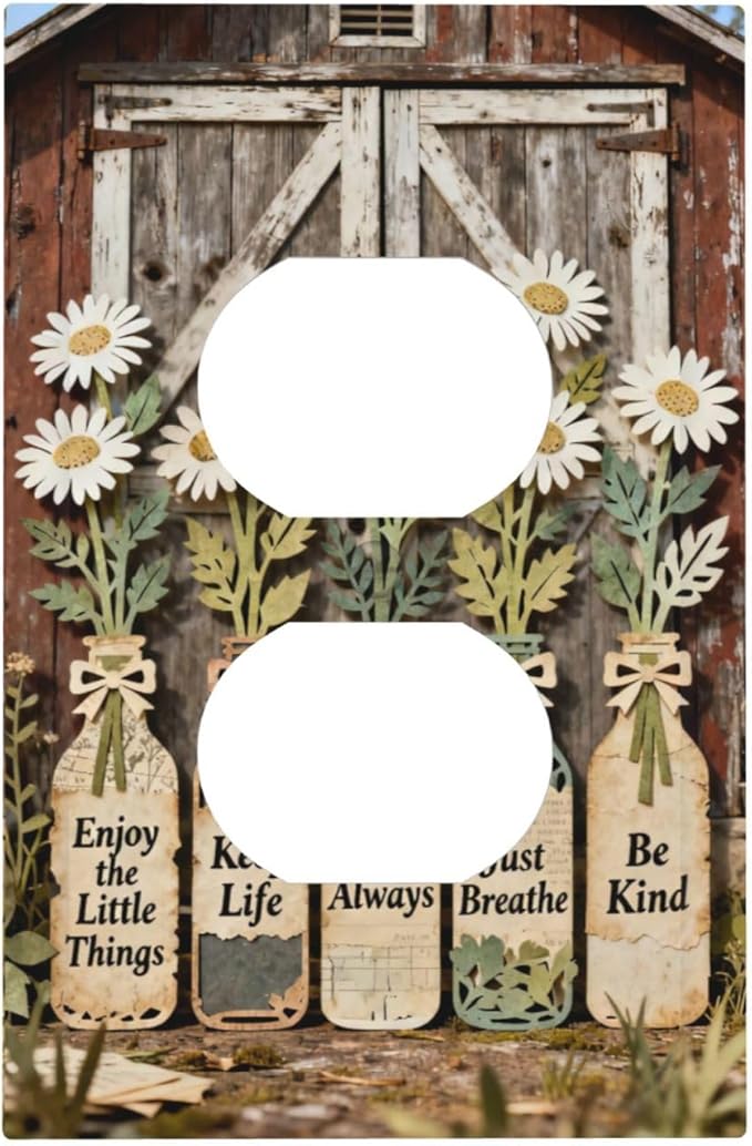 Rustic Daisy Barn Door Flowers Duplex Outlet Decorative Light Switch Covers Electrical Faceplate Switch Plates for Bathroom Kitchen Home