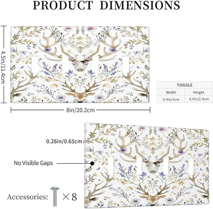 Light Switch Covers Gothic Retro Floral Damask Elk Wild Flower Quad Toggle Electrical Faceplate 4 Gang Wall Plate Decorative Switch Plates For Bed Room Living Room Decor