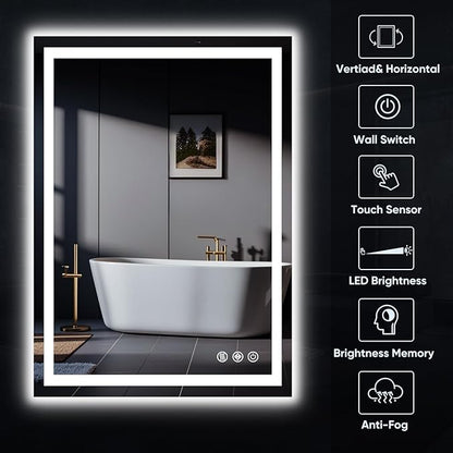 LED Bathroom Mirror, 24"x32" with Frontlit and Backlit Anti-Fog Mirror with Lights LED Vanity Mirror for Bathroom 3 Colors Temperature & Dimmable Bathroom Mirror with HD Tempered Glass