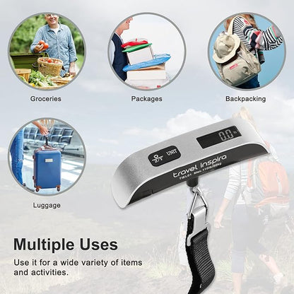 travel inspira Luggage Scale, Portable Digital Hanging Baggage Scale for Travel, Suitcase Weight Scale with Rubber Paint, 110 Pounds, Battery Included