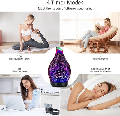Essential Oil Diffuser 120ML -3D Firework Glass Aromatherapy Diffusers for Essential Oils with 4 Timer Setting Auto Shut-Off Silent Operation 7 Colors Lights Changing for Room, Office, Yoga