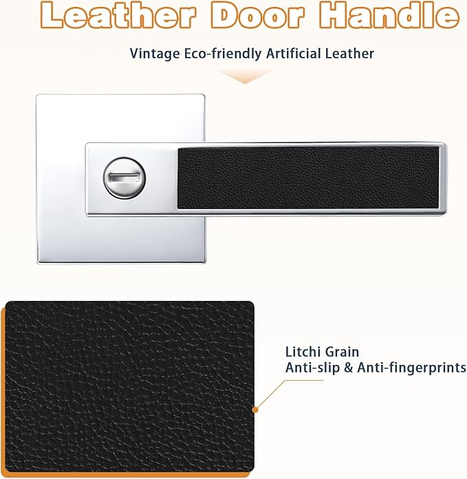 Probrico Square Heavy Duty Door Handle with Black Leather Hand Lever, Keyless Privacy Interior Door Levers for Bedromm and Bathroom, Polished Chrome, 5 Pack