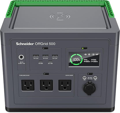 Schneider OffGrid 517Wh Portable Power Station, PPS500 Portable Solar Generator with Wireless Charging Pad, for Camping or Home