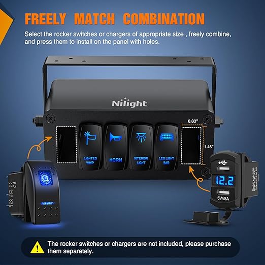 Nilight 6 Gang Rocker Switch Box 6 Holes Panel Detachable Installation Housing Waterproof Aluminum Rotatable Mount Bracket 12V 24V DIY Toggle Switches Voltmeter USB Socket for Boats Cars RVs Trucks