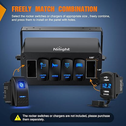 Nilight 6 Gang Rocker Switch Box 6 Holes Panel Detachable Installation Housing Waterproof Aluminum Rotatable Mount Bracket 12V 24V DIY Toggle Switches Voltmeter USB Socket for Boats Cars RVs Trucks