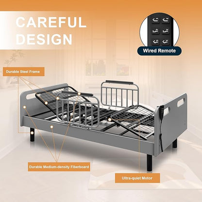 Electric Adjustable Bed for Home Use with Remote Control, Memory Foam Folding Mattress & Safety Side Rails, Home Healthcare Support (Grey,White)