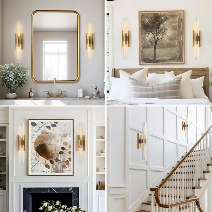 YUYI Brass Wall Sconces Set of Two, 22.8'' Gold Bathroom Sconces Wall Decor with Clear Glass Shade, Indoor Vanity Wall Lights for Bathroom Living Room Bedroom Hallway Fireplace Staircase