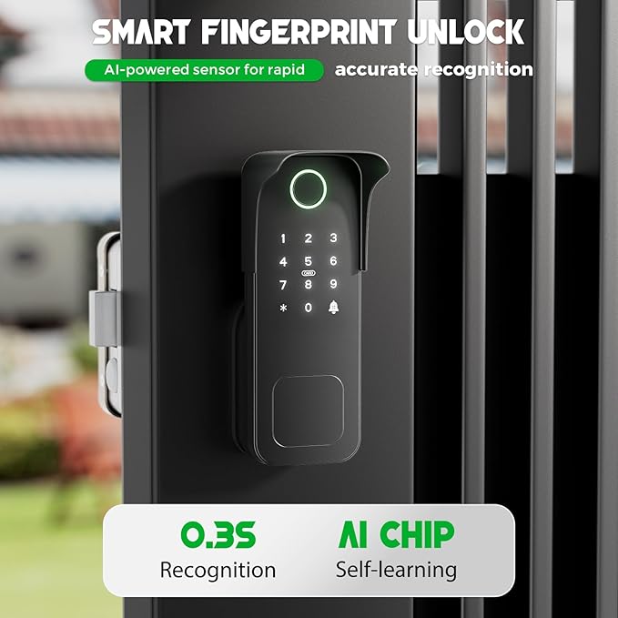 Smart Gate Lock, Electronic Gate Locks for Outdoor Fence, Keyless Smart Rim Lock, Electric Sided Keypad Locks with App Control, IC Card, Keys, Anti-Peep Touchscreen, Perfect for Fence and Outdoor