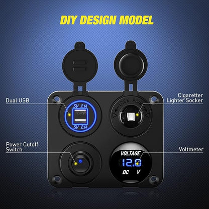 Nilight 4 in 1 ON OFF Charger Socket Panel Dual USB Charger Power Outlet LED Voltmeter Cigarette Lighter Socket LED On Off Rocker Toggle Switch for Truck Car Marine Boats RV, 2 Yeas Warranty