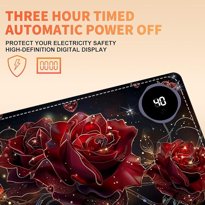 Heated Mouse Pad, Warm Desk Pad, Keyboard Mat 23.6 x 14 Inch Large Size Intelligent Fast Heating, 3 Speed Adjustable, Timed Auto Power Off for Game Office Home, Flowers Roses