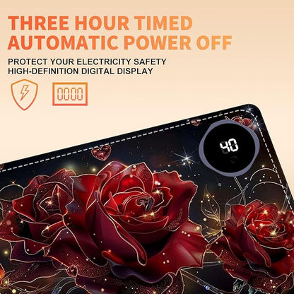 Heated Mouse Pad, Warm Desk Pad, Keyboard Mat 23.6 x 14 Inch Large Size Intelligent Fast Heating, 3 Speed Adjustable, Timed Auto Power Off for Game Office Home, Flowers Roses