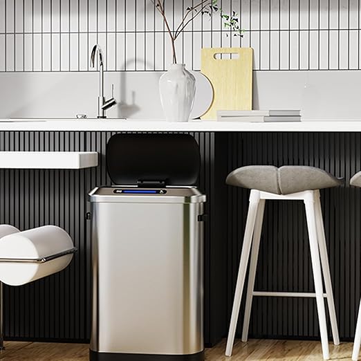Touchless Automatic Motion Sensor Trash Can, 50L/13 Gallon Stainless Steel Smart Bin for Kitchen, Office, Bedroom, Living Room with Built-in Bag Holder - Black