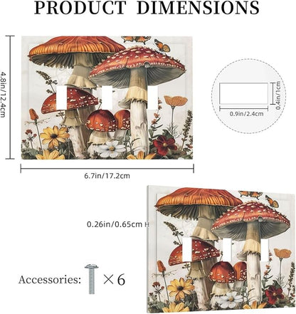 Decorative Switch Plates Mushroom Forest Butterfly Wild Flower 3 Gang Wall Plate Triple Toggle Light Switch Cover Faceplate Electrical Wall Panels For Bed Room Living Room Decor