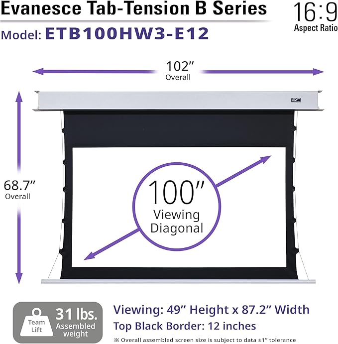 Elite Screens Evanesce Tab-Tension B, 100-inch 16:9, 4K / 8K HD, Recessed in-Ceiling Electric Tab Tensioned Projector Screen, Matte White Projection Screen Surface Programmed Remote Kit, ETB100HW3-E12