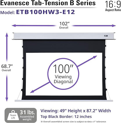 Elite Screens Evanesce Tab-Tension B, 100-inch 16:9, 4K / 8K HD, Recessed in-Ceiling Electric Tab Tensioned Projector Screen, Matte White Projection Screen Surface Programmed Remote Kit, ETB100HW3-E12