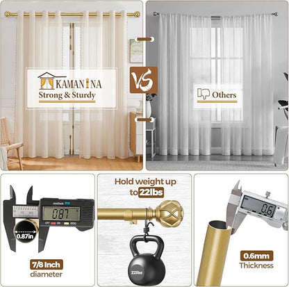 KAMANINA Curtain Rods for Windows 66 to 120 Inch, 7/8 Inch Gold Heavy Duty Curtain Rod 32 to 120 (2.6-10ft), Adjustable Decorative Drapery Rods with Netted Texture End