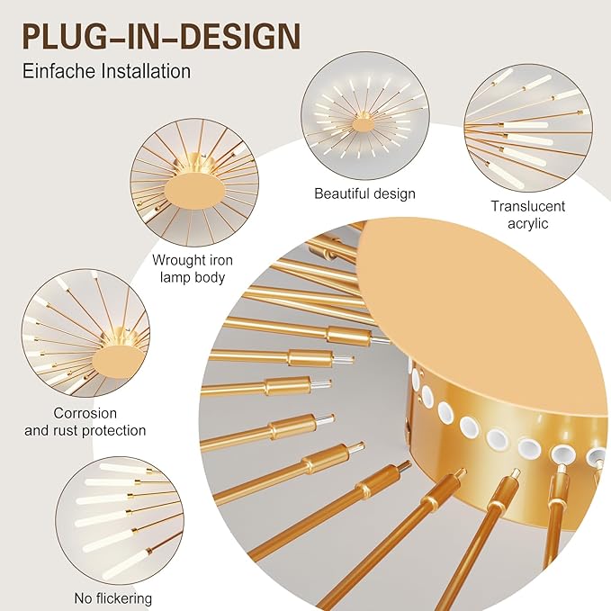 Modern Ceiling Light Flower Shape, Metal Firework Ceiling Lamp with Plug-in LED Source, Lighting Fixture for Living Room Dining Room Bedroom, Natural Light