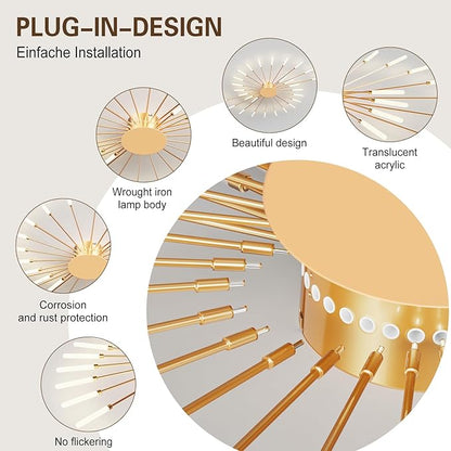 Modern Ceiling Light Flower Shape, Metal Firework Ceiling Lamp with Plug-in LED Source, Lighting Fixture for Living Room Dining Room Bedroom, Natural Light