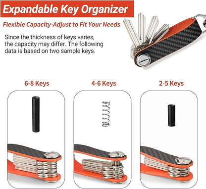 T-carbon Key Organizer, Carbon Fiber Leather Compact Key Holder, Silent Keychain, Expandable Key Case Holds Up to 8 Keys