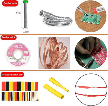 Soldering Iron Kit, 60W 110V Soldering Iron Adjustable Temperature, Desoldering Pump, 5 Solder Tips, Solder Wire, Stand, Solder Wick.