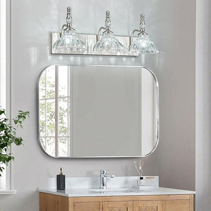 Vintage Bathroom Vanity Light, 3-Light Brushed Nickel Vanity Lighting Fixture with Flower Glass Shade, Bathroom Lighting Fixtures Over Mirror
