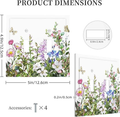 Boho Colorful Wildflowers Butterfly Green Plant Leaf Double Toggle Light Switch Covers 2 Gang Wall Plate Dual Decorative Switchplate Electrical Faceplate for Country Bathroom Bedroom Decor