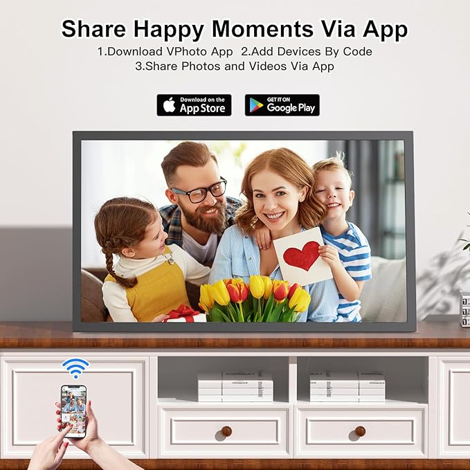 Large Digital Picture Frame 21.5 inch WiFi-Photo-Frame - 32GB, 1920x1080 IPS FHD, Auto Rotate, Load Photos Videos from Phone via App Email, Free Cloud Storage, Wall Mounted, Gift for Father Mother