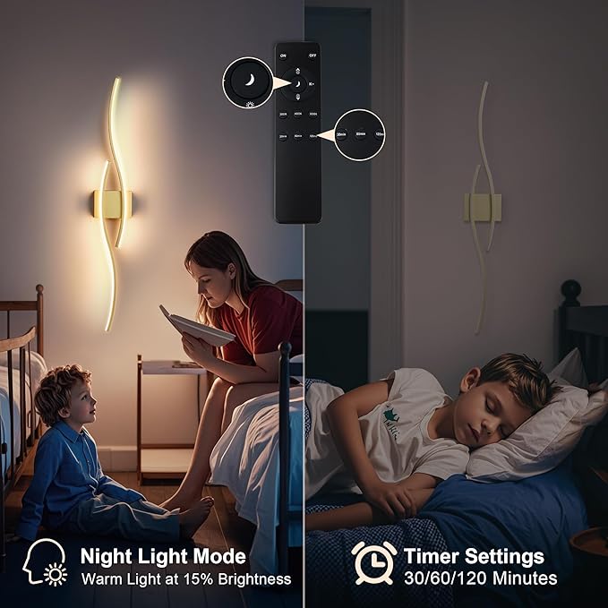 Battery Operated Wall Sconces with Remote Control, Dimmable/3 Colors/Night-Light/Timer/Memory, Gold Modern Wireless LED Sconce for Living Room, Hallway, Bedroom, 39.3 Inch (1 Pack)