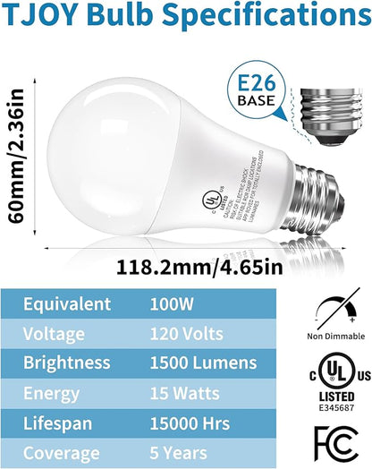 TJOY LED Light Bulbs, 100 Watt Equivalent A19, 5000K Daylight LED Bulbs, 15W Bright White Light Bulbs, Energy Saving Light Bulb with E26 Standard Base, 1500 Lumens Non Dimmable Lamp Bulb, 3 Pack