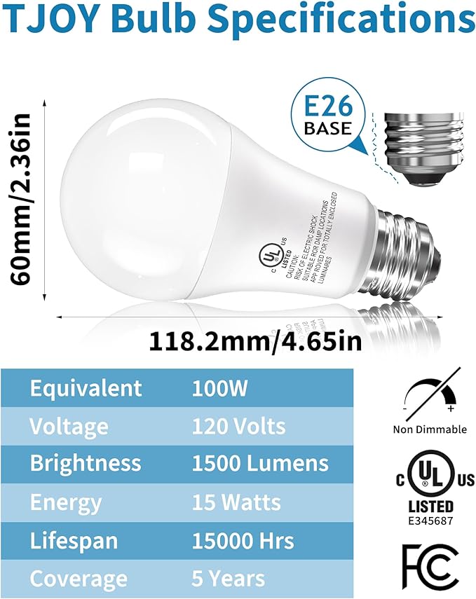 TJOY 6 Pack LED Light Bulbs, 100 Watt Equivalent A19 Lightbulbs, 15W 5000K Daylight White, Bright Energy Efficient LED Bulb, 1500 Lumens E26 Standard Screw Base Lamp for Kitchen Indoor, Non-Dimmable