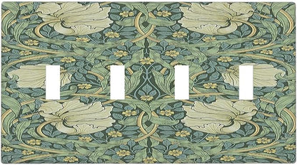 Light Switch Covers Vintage Floral Plant Sage Green William Morris Quad Toggle 4 Gang Wall Plate Electrical Faceplate Decorative Switch Plates for Bedroom Home Decor