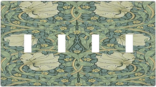 Light Switch Covers Vintage Floral Plant Sage Green William Morris Quad Toggle 4 Gang Wall Plate Electrical Faceplate Decorative Switch Plates for Bedroom Home Decor
