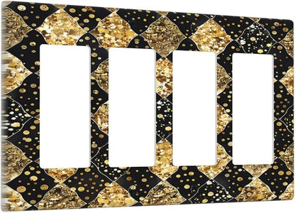 Gold Black Marble Geometric Plaid Glitter Wallplates 4 Gang Quad Rocker Decorative Light Switch Covers Electrical GFCI Faceplate Switch Plate for Bedroom Bathroom Decor