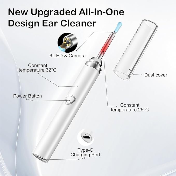 Ear Wax Removal Tool Camera，Wireless Ear Cleaner with Camera 1080P, Earwax Removal Kit with 6 LED Light 5 Replacement Ear Spoon, Ear Camera for iOS & Android (White)