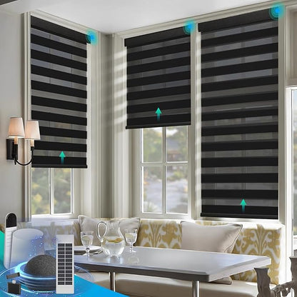 Motorized Zebra Blinds, Solar Powered Dual Layer Automatic Shades with Remote Control, Rechargeable Smart Blinds Horizontal Wireless Electric Shades for Windows, Custom Size, Black， 38 x 72