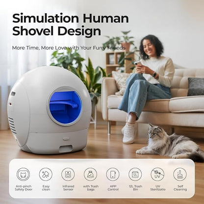 Upgraded Self Cleaning Litter Box, KungFuPet S2 Automatic Cat Litter Box Self Cleaning for Multi Cats, Large Automatic Litter with Safety Protection, Odor Removal, Smart APP Control Robot Litter White