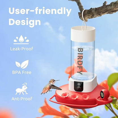 Birdfy Hummingbird Feeder with Dual Cameras - 2K HD Smart Cameras Solar Powered, Close-Up Bird Video/Live Watching & Instant Notifications, Ant Moat & Leakproof - 20oz (AI Lifetime)