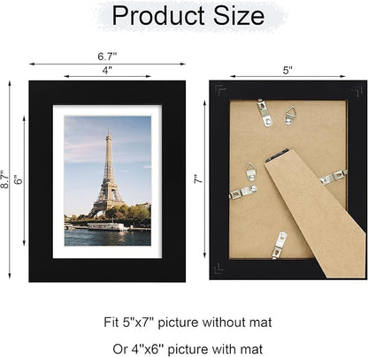 iRahmen 5x7 Picture Frame with HD Tempered Glass, Display Pictures 4x6 with Mat or 5 x 7 Without Mat, Wood Photo Frames for Tabletop and Wall Mount (Black, 1 Pack)
