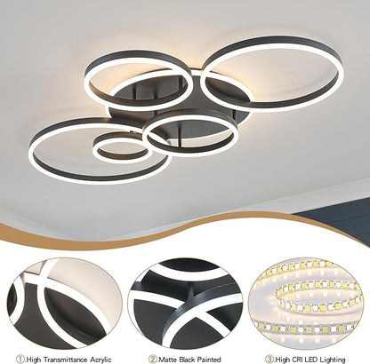 O'NEELDY Black Flush Mount Ceiling Light Dimmable Dining Room Light Fixture Round 6 Rings Modern LED Ceiling Light with Remote Control 47" Kitchen Lighting Fixture Ceiling Lamp for Living Room,Bedroom