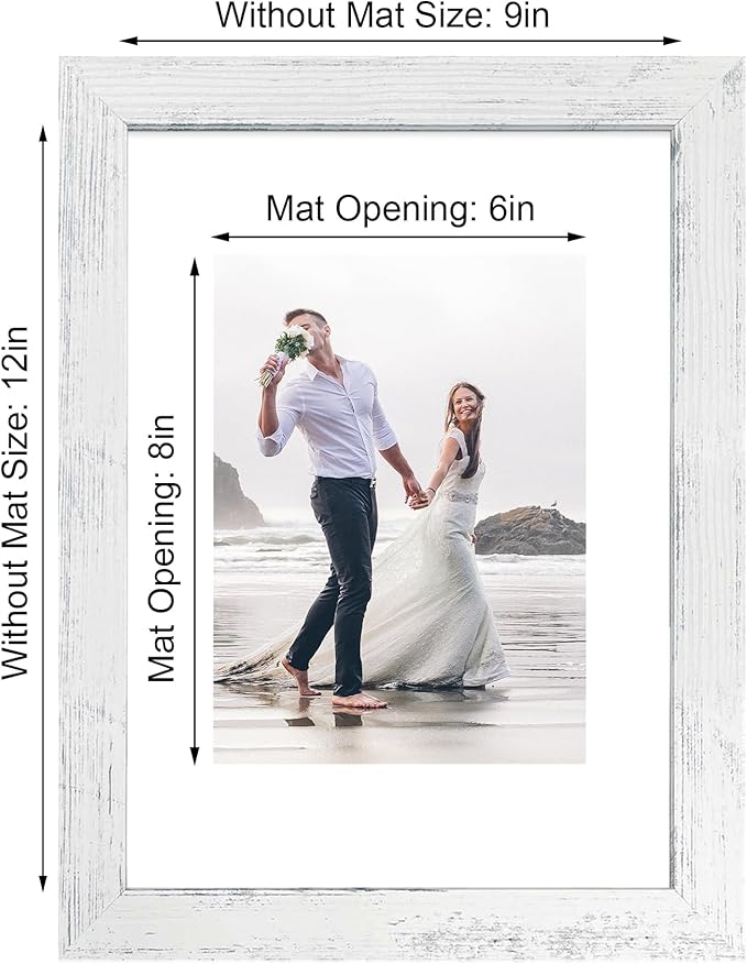 iRahmen 9x12 Picture Frame Set of 4 with Tempered Glass, Distressed White Frame Display 6x8 Picture with Mat or 9 x 12 Without Mat, Wooden Photo Frame for Wall Mount and Tabletop Display