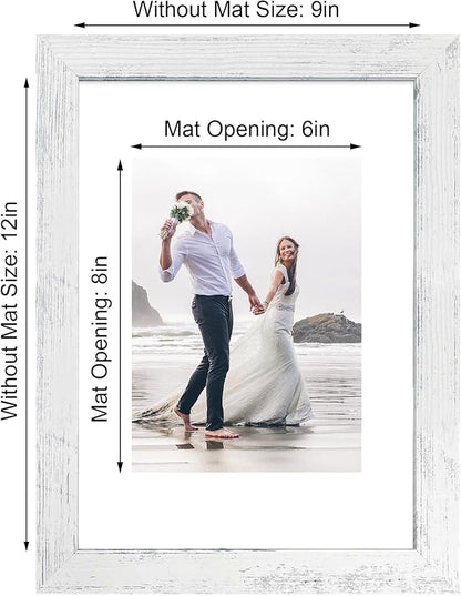 iRahmen 9x12 Picture Frame Set of 4 with Tempered Glass, Distressed White Frame Display 6x8 Picture with Mat or 9 x 12 Without Mat, Wooden Photo Frame for Wall Mount and Tabletop Display
