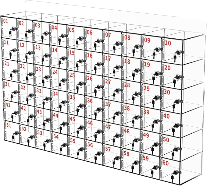 100 Slots Cell Phone Locker Acrylic Cell Phone Lock Box with Door Locks and Keys, Wall-Mounted Cell Phone Storage Cabinet for Office Classroom Gym Firms, Clear Lockers for Storage (Large 60 Slots)