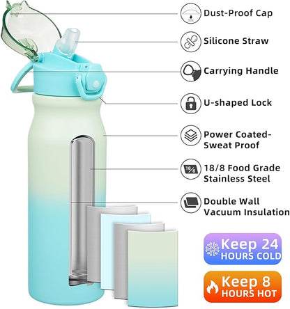 BJPKPK Stainless Steel Insulated Water Bottle with Straw Lid 25oz Reusable Metal Thermal Flask Bottles Keep Cold and Hot,Mint